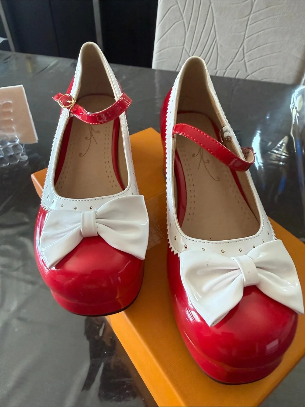 Red Patent Platform Mary Jane Heels with White Trim and Bow